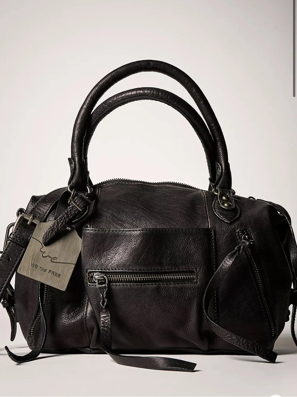 Free People Black Leather Satchel with Front Zipper Pocket